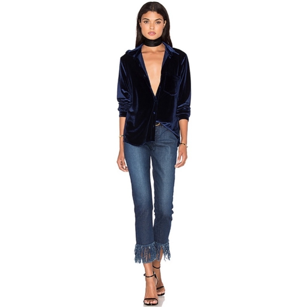 NEW! LPA Velvet Velour Long Sleeve Button Front Shirt Top Night Blue SZ XS